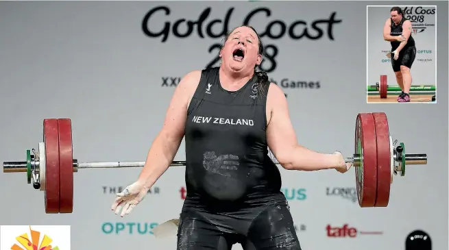  ?? GETTY IMAGES ?? New Zealand’s Laurel Hubbard reacts as she drops the bar and injures her left elbow during the women’s weightlift­ing +90kg final. Insert: Hubbard holds her injured elbow as she leaves the stage.