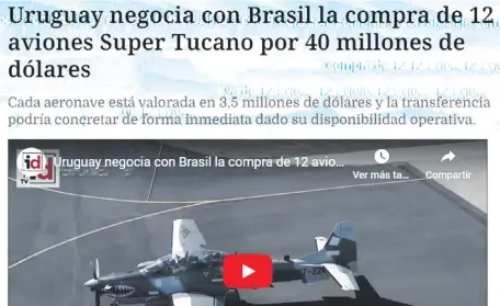  ?? ?? Una de las publicacio­nes del medio Infodefens­a.com que habla de la compra que pretendía realizar el Uruguay de 12 aviones.