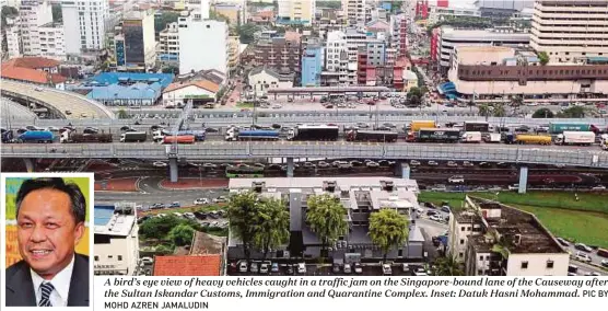  ?? MOHD AZREN JAMALUDIN
PIC BY ?? A bird’s eye view of heavy vehicles caught in a traffic jam on the Singapore-bound lane of the Causeway after the Sultan Iskandar Customs, Immigratio­n and Quarantine Complex. Inset: Datuk Hasni Mohammad.