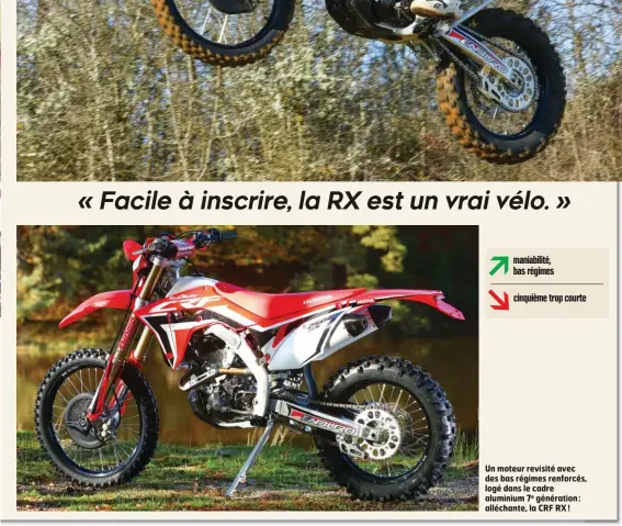  ??  ?? Un moteur revisité avec des bas régimes renforcés, logé dans le cadre aluminium 7e génération : alléchante, la CRF RX !