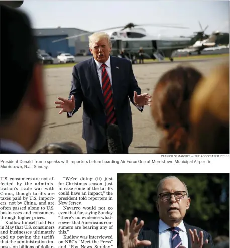  ?? PATRICK SEMANSKY — THE ASSOCIATED PRESS ?? President Donald Trump speaks with reporters before boarding Air Force One at Morristown Municipal Airport in Morristown, N.J., Sunday.