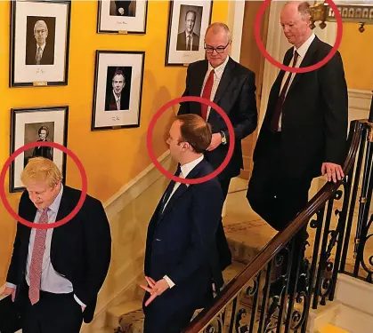  ??  ?? Close quarters: Johnson, Hancock and Whitty, circled, and Sir Patrick Vallance in No 10 two weeks ago