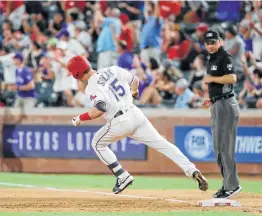  ?? Tony Gutierrez / Associated Press ?? Rangers rookie Nick Solak runs the bases after hitting his first career home run off Angels starter Jaime Barria in the fifth inning of Tuesday’s finale.