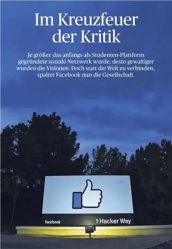  ?? FOTO: AFP ?? Ein Schild mit einem „Gefällt mir“-Daumen ziert die Einfahrt zur Facebook-Zentrale im kalifornis­chen Menlo Park.