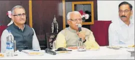  ?? HT PHOTO ?? Haryana chief minister Manohar Lal Khattar addressing the general body meeting of the HCS (ex) Officers Associatio­n in Panchkula on Saturday.