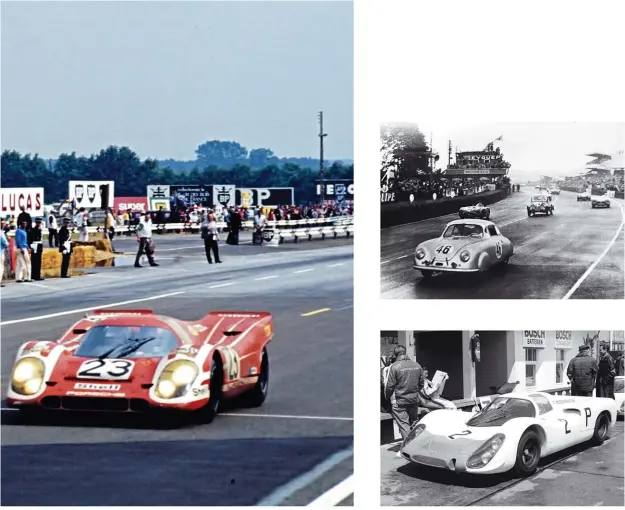  ??  ?? Izqda.: En 1970, Hans Herrmann y Richard Attwood fueron los pilotos encargados de lograr la primera victoria absoluta de la marca con el 917 K . Arriba: el 356 SL fue el primer Porsche en ganar en Le Mans. Abajo: el Porsche 908 quedó segundo en las 24 Horas de Le Mans de 1969, a tan sólo un segundo del Ford GT40 vencedor.