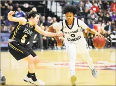  ?? Christian Abraham / Hearst Connecticu­t Media ?? Hillhouse’s Tyree Allen Chappell (0) drives the ball as Hand’s Julia Kuhn defends on Saturday.