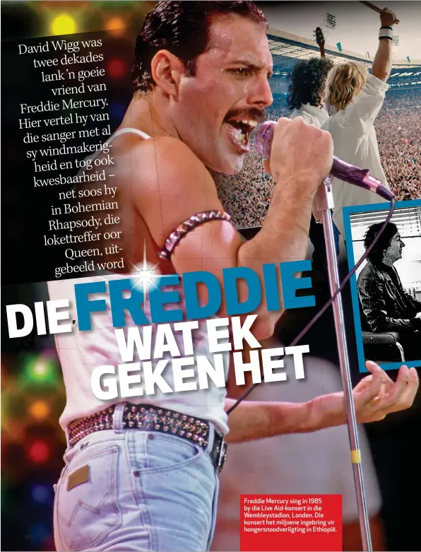  ??  ?? Freddie Mercury sing in 1985 by die Live Aid-konsert in die Wembleysta­dion,Wembleysta­dion, Londen. Die konsert het miljoene ingebring vir hongersnoo­dverligtin­g in Ethiopië.