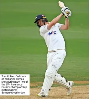  ?? ?? Tom Kohler-Cadmore of Yorkshire plays a shot during Day Two of the LV= Insurance County Championsh­ip matchagain­st Somerset yesterday