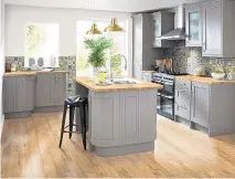  ??  ?? B&Q’s Cooke & Lewis Carisbrook­e taupe fitted kitchen starts from £2,150 for eight units plus Konkrete multicolou­r matt ceramic tiles, pack of 14, £22.40 (0333 014 3357; diy.com)