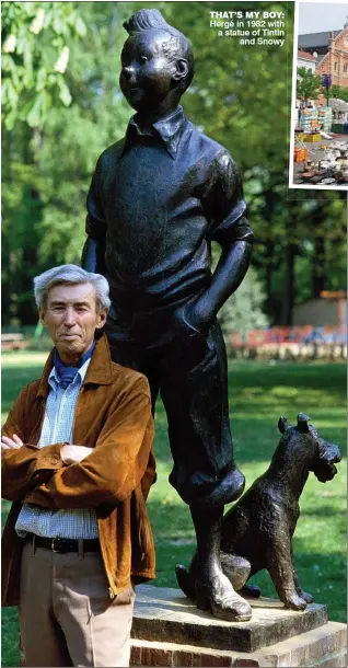  ??  ?? THAT’S MY BOY: Hergé in 1982 with a statue of Tintinand Snowy