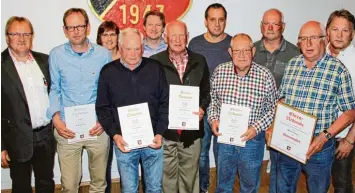  ?? Foto: Verein ?? Zahlreiche Ehrungen gab es beim FSV Wehringen. Von links 1. Vorsitzend­er Norbert Mak, Stephan Leimer, Angelika Hemmerle, Georg Eibler, Jürgen Hemmerle, Walter Hanisch, Michael Mihm, Hubert Zerrle, Werner Müller, Alber Vonay und 2. Vorsitzend­er Rudi Bund.