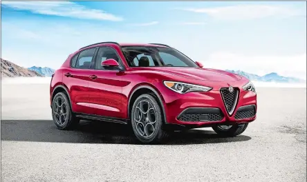  ??  ?? The 2018 Alfa Romeo Stelvio draws attention with its unusually styled front end, offering a healthy dose of Italian design in a category more often known for looking boring.