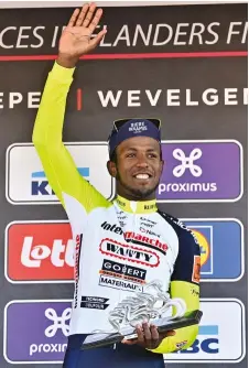  ?? ?? Below: Eritrea’s Biniam Girmay becomes the first African to win a cobbled Classic at Gent-wevelgem
Previous page: Mathieu van der Poel doubles up, the Dutchman taking his second Flanders victory after outfoxing Tadej Pogačar – who slipped to fourth – in a gripping final sprint