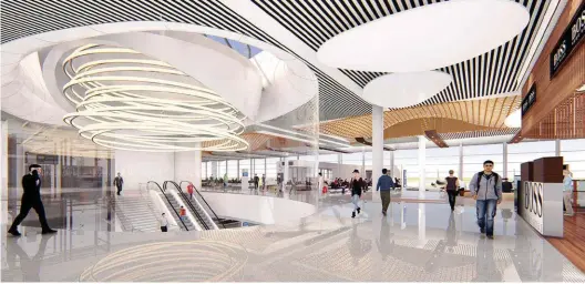  ??  ?? Security Hold Area — Post security check, passengers take the vertical circulatio­n elements crowned with the ‘ circle of life theory’ inspired infinity light fixture, in addition to the fish- net emulating false ceiling and Manipuri boat- shaped suspended light fixtures adorned SHA