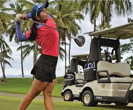  ?? Photo: Waisea Nasokia ?? National golf rep Raina Kumar in action at the Fiji Open’s Golf championsh­ip at the Denarau Golf and Racquet Club on June 1, 2023.