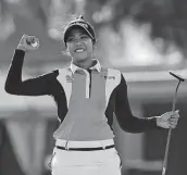  ?? Michael Owens / Getty Images ?? Patty Tavatanaki­t celebrates winning the ANA Inspiratio­n, an LPGA major and her first victory.