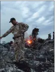  ??  ?? „ A policeman among the debris of Malaysia Airlines Flight MH17.