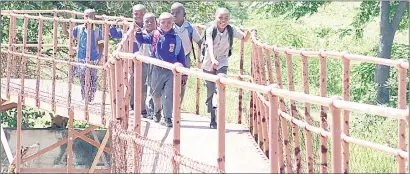  ?? (Pics: Nhlanganis­o Mkhonta). ?? Some of Ekuphumule­ni Primary School learners crossing the Mkhondvo River using the shaking footbridge.