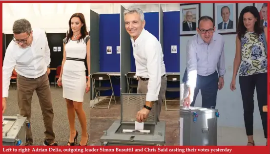  ??  ?? Left to right: Adrian Delia, outgoing leader Simon Busuttil and Chris Said casting their votes yesterday