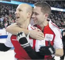  ??  GAVIN YOUNG/CALGARY HERALD ?? Team Canada skip Pat Simmons, left, and third John Morris open the curling worlds on Saturday against the U.S.