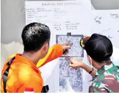  ??  ?? Rescue team members point to a map as they try to recover dead bodies after an earthquake hit Petobo neighbourh­ood in Palu, Indonesia.