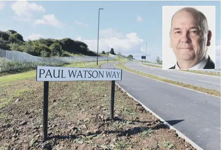  ??  ?? The road named after late former council leader Paul Watson, pictured inset.