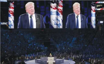  ??  ?? US PRESIDENT Donald Trump speaks at the AIPAC Policy Conference in 2016, where at the height of his election campaign he promised to move Washington’s embassy in Israel from Tel Aviv to Jerusalem.
