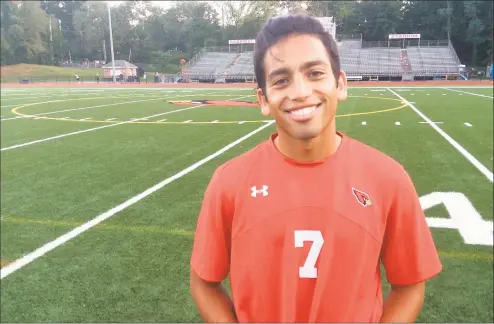  ?? David Fierro / Hearst Connecticu­t Media ?? Senior Farid Ghaliya scored a goal for the Greenwich boys soccer team in its 20 win over Ridgefield on Friday at Cardinal Stadium in Greenwich.