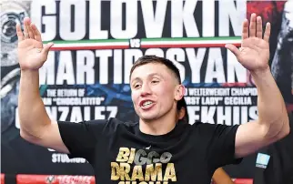  ??  ?? GENNADY GOLOVKIN of Kazakhstan jokes with the press during a media workout on April 23 for his middleweig­ht fight against Vanes Martirosya­n at the Glendale Fighting Club.