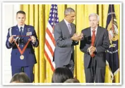  ??  ?? Larry McMurtry (top l.) and at r. with “Last Picture Show” stars Loyd Catlett, Jeff Bridges, Cloris Leachman. Top r., scene from “Brokeback Mountain.” Above, getting a humanities medal from President Obama.