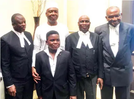  ??  ?? President of the Senate, Dr. Abubakar Bukola Saraki with the leader of his defence team, Chief Kanu Agabi SAN (right), Barr. Saka Isau SAN (2nd right), Mahmud Magaji SAN (left) and Agabi’s son, Eshen, shortly after the judgment of the Supreme Court in Abuja... yesterday