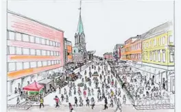  ?? ILLUSTRASJ­ON: TROND T. REKLAME ?? Slik ser Petter Benestad (V) for seg at det kan bli på Nedre Torv, med vognene trukket inn på ei linje. Det meste av torvhandel­en skal bort og uteserveri­ngen utvides, mener han.