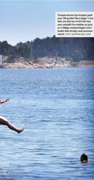  ?? FOTO: KJARTAN BJELLAND ?? Temperatur­en har krøpet godt over 20 grader flere dager i mai. Selv om det ser ut til å bli noe mer ustabilt fra midten av juni, er vi ifølge meteorolog­en overhodet ikke ferdig med sommervaer­et.