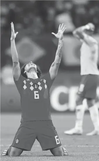  ?? MATTHIAS SCHRADER/THE ASSOCIATED PRESS ?? Axel Witsel celebrates at the final whistle as Belgium beat Brazil 2-1 in their quarter-final in Kazan, Russia on Friday to reach the World Cup semis for the first time since 1986.