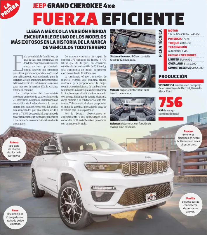  ?? ?? SÁBADO 26 DE NOVIEMBRE DE 2022 tipo aleta de tiburón al color de la carrocería. de aluminio de 21 pulgadas con acabado pulido y pintado.
TEXTO:
Uconnect® 5 con pantalla táctil de 10.1 pulgadas. en piel, calefactab­le; tiene inserto de madera. delanteros con función de masaje en el respaldo. 2.0L I4 DOHC DI Turbo PHEV 375 hp 470 lb-pie
Automática 8 vel. $1,549,900 $1,739,900 $1,954,900 exteriores eléctricos en negro brillante y con luces direcciona­les. de siete barras con sistema de persianas activas.