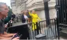  ?? Photograph: Twitter | Alex Clewlow ?? Tory MP Andrea Jenkyns makes a rude gesture at the crowd outside Downing Street, prior to Johnson’s resignatio­n address.