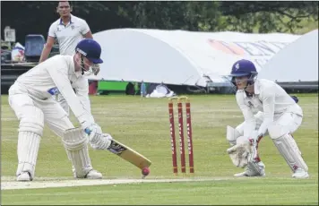  ?? Pictures: Paul Amos FM4839845, top; FM4839856, right ?? Above, Tenterden’s Chris Vernon gets bat on ball for another four during his innings of 107 against Beckenham at Morghew Park on Saturday. Right, Tenterden captain Ben Price adjudged to have been caught and bowled by Johan Malcolm for 19