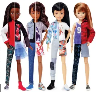  ?? ?? Inclusive: The gender-neutral dolls come in a range of skin tones. Each can be styled with long or short hair and a skirt or trousers