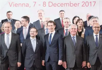  ?? — AFP ?? (Front row L-R) Russian Foreign Minister Sergei Lavrov, OSCE Secretary-General Thomas Greminger, Austrian Foreign Minister and current OSCE Chairman Sebastian Kurz and US Secretary of State Rex Tillerson pose for a family picture before the start of...