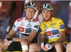  ??  ?? Voigt with teammate Carlos Sastre in the yellow jersey at the 2008 Tour