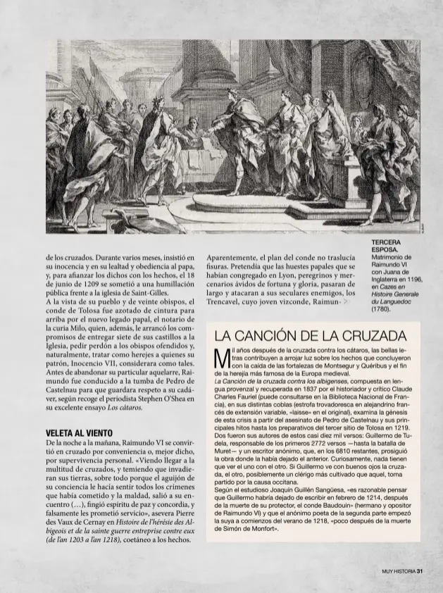  ?? ?? TERCERA ESPOSA. Matrimonio de Raimundo VI con Juana de Inglaterra en 1196, en Cazes en Histoire Generale du Languedoc (1780).