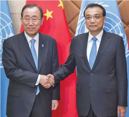  ?? Photo: Xinhua ?? UN Secretary-general Ban Ki-moon (left), and Chinese Premier Li Keqiang in Beijing.