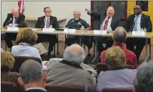  ?? DANA JENSEN/THE DAY ?? From left, Libertaria­n William Russell, Republican Peter Nystrom, petitionin­g candidate Joseph Radecki Jr., petitionin­g candidate Jon Oldfield and Democrat Derell Wilson during the Norwich mayoral debate at Kelly Middle School on Tuesday.