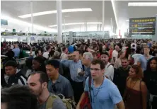  ?? APPhOTO ?? WAITING GAME: Passengers wait to pass the security control at the Barcelona airport in Prat Llobregat, Spain, Friday.