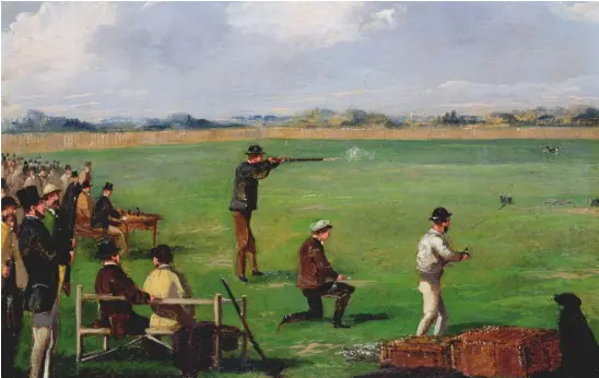  ??  ?? Above: oil painting of a live-pigeon competitio­n by Samuel Henry Alken (1810-1894)Left: a WW Greener 12-bore boxlock ejector ‘Blue Rock’ pigeon gun sold by Gavin Gardiner for £1,400