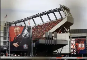  ?? RJ Sangosti / THE DENVER POST ?? A sign of former owner of the Denver Broncos Pat Bowlen hangs on the stadium as the Denver Broncos take on the Chicago Bears at Empower Field at Mile High on September 15, 2019 in Denver, Colorado.