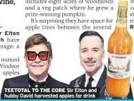  ??  ?? TEETOTAL TO THE CORE Sir Elton and hubby David harvested apples for drink