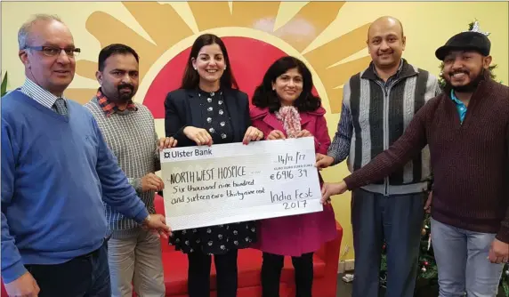  ??  ?? Members of the Indian Associatio­n of Sligo raised an amazing €6139 for North west Hospice, proceeds from India Fest’17 held in October in Sligo. Pictured presenting the cheque to North West Hospice are (l-r)George Chadda, Manoj. S.Nair, Bernadette...