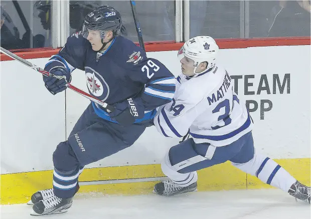  ?? BRIAN DONOGH / POSTMEDIA NEWS FILES ?? Winnipeg Jets right winger Patrik Laine, left, will look to make the playoffs and change his runner-up status to Toronto Maple Leafs centre Auston Matthews this season. Laine finished behind Matthews in points and Calder Trophy votes last season.